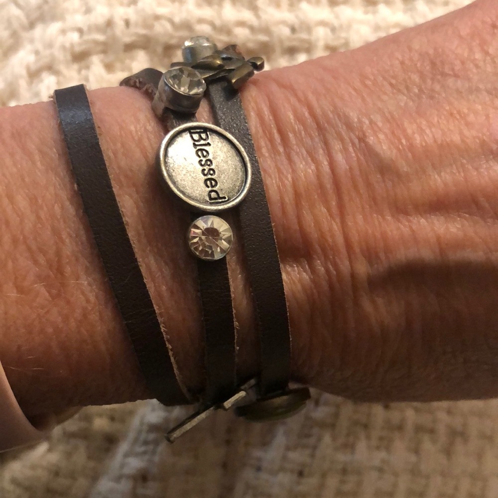 Brown Leather Wrap Bracelet with Charms adjustable size faith rhinestones